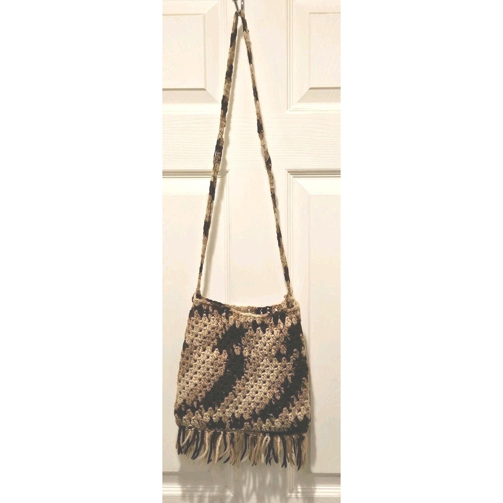 Vintage LinedHandMade Crochet Knit Brown Fringe Crossbody Purse Hippie Boho GUC